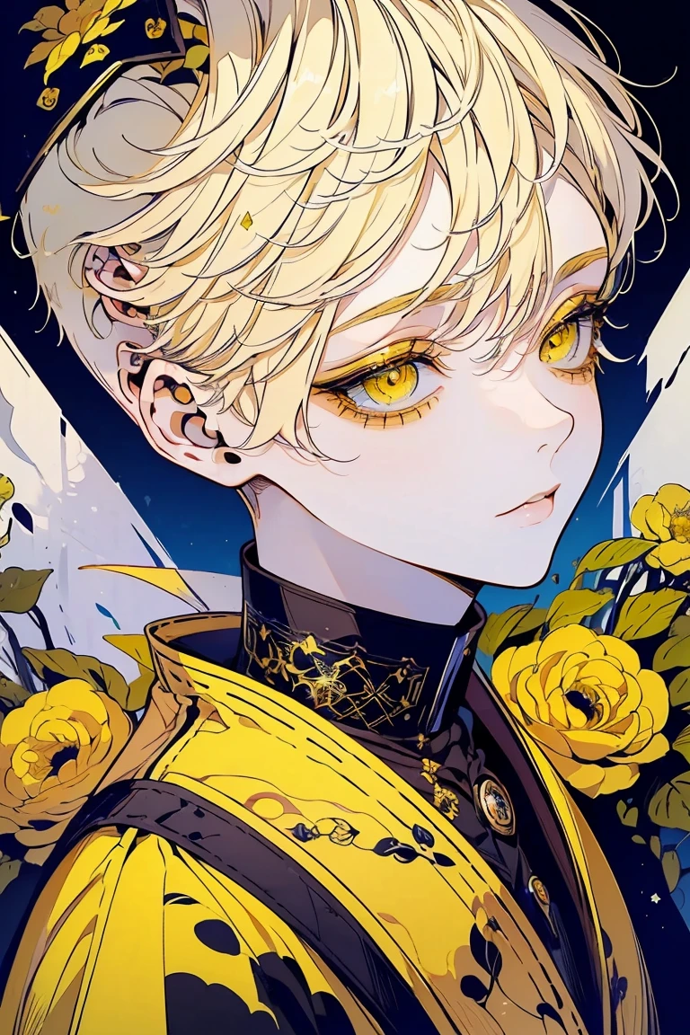(Mastepiece), (Best Quality), Very detailed, 1 boy, Solo Shooting, Perfect Face, Beautiful Face, Very detailed顔,(Blonde Short Hair:1.3),(Big eyes:1.4),(Long eyelashes:1.4)、(Yellow Eyes:1.3)、Lots of flowers
