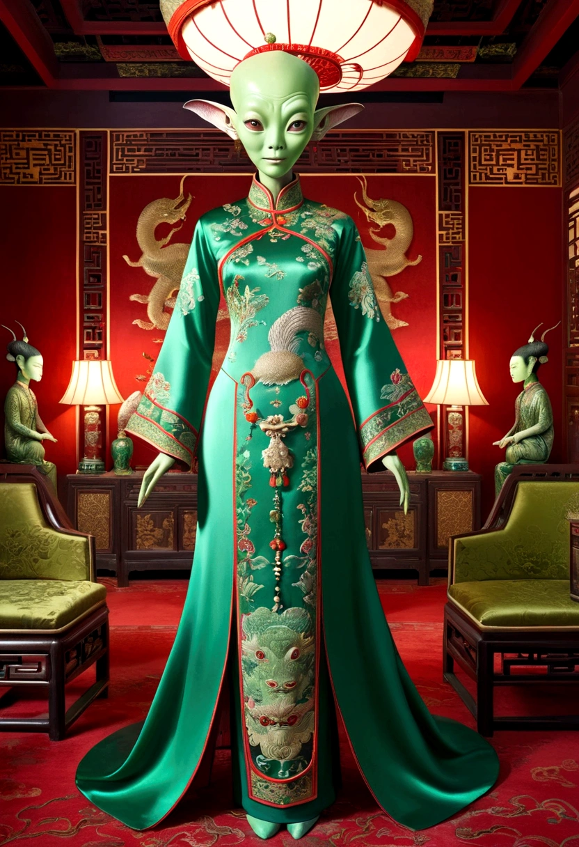 an alien creature,intricate cheongsam dress,asian royal room,green skin,barely humanoid,extremely detailed,photorealistic,ultra-detailed,masterpiece,8k,award winning art,dramatic lighting,ornate decor,ancient artifacts,opulent furnishings,silk embroidery,traditional chinese architecture
