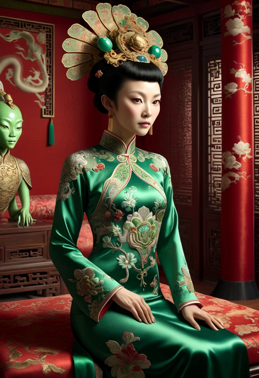 an alien creature,intricate cheongsam dress,asian royal room,green skin,barely humanoid,extremely detailed,photorealistic,ultra-detailed,masterpiece,8k,award winning art,dramatic lighting,ornate decor,ancient artifacts,opulent furnishings,silk embroidery,traditional chinese architecture
