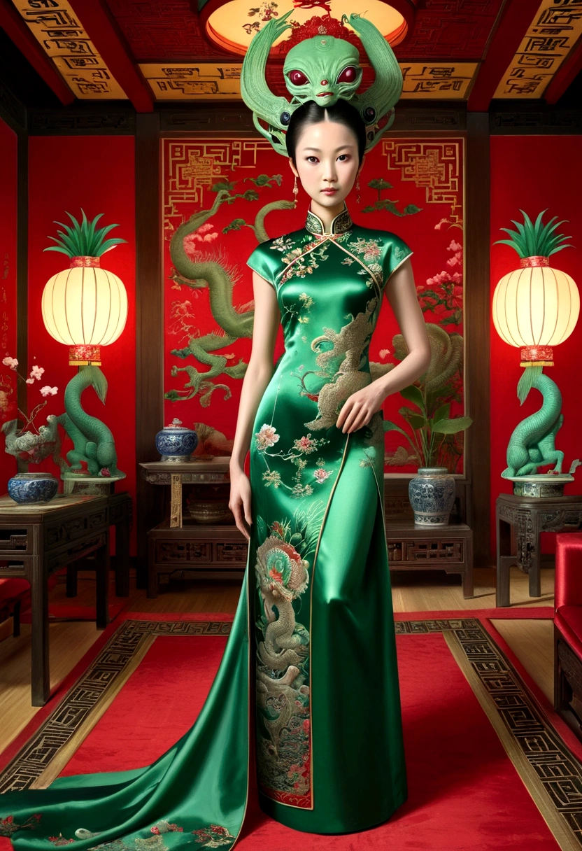 an alien creature,intricate cheongsam dress,asian royal room,green skin,barely humanoid,extremely detailed,photorealistic,ultra-detailed,masterpiece,8k,award winning art,dramatic lighting,ornate decor,ancient artifacts,opulent furnishings,silk embroidery,traditional chinese architecture