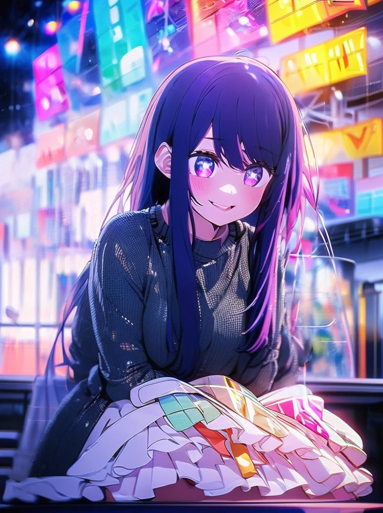 ((masterpiece)), (((HDR))), ((best quality)), (ultra high quality), (hi-res), ((1 anime girl)), Hoshino Ai, (((sparkling eyes))), beautiful eyes, detailed eyes, ((teen)), ((purple hair)), (bangs), (tied hair), (((medium breast))), (((zettai ryouiki))), ((happy expression)), (smile), cute, facing camera, looking at viewer, (skirt), (idol clothes), corset, (short-sleeved), in the city, inside, on stage, concert, glowsticks, facing viewer, crowd, concert lights, cowboy shot, (full body)