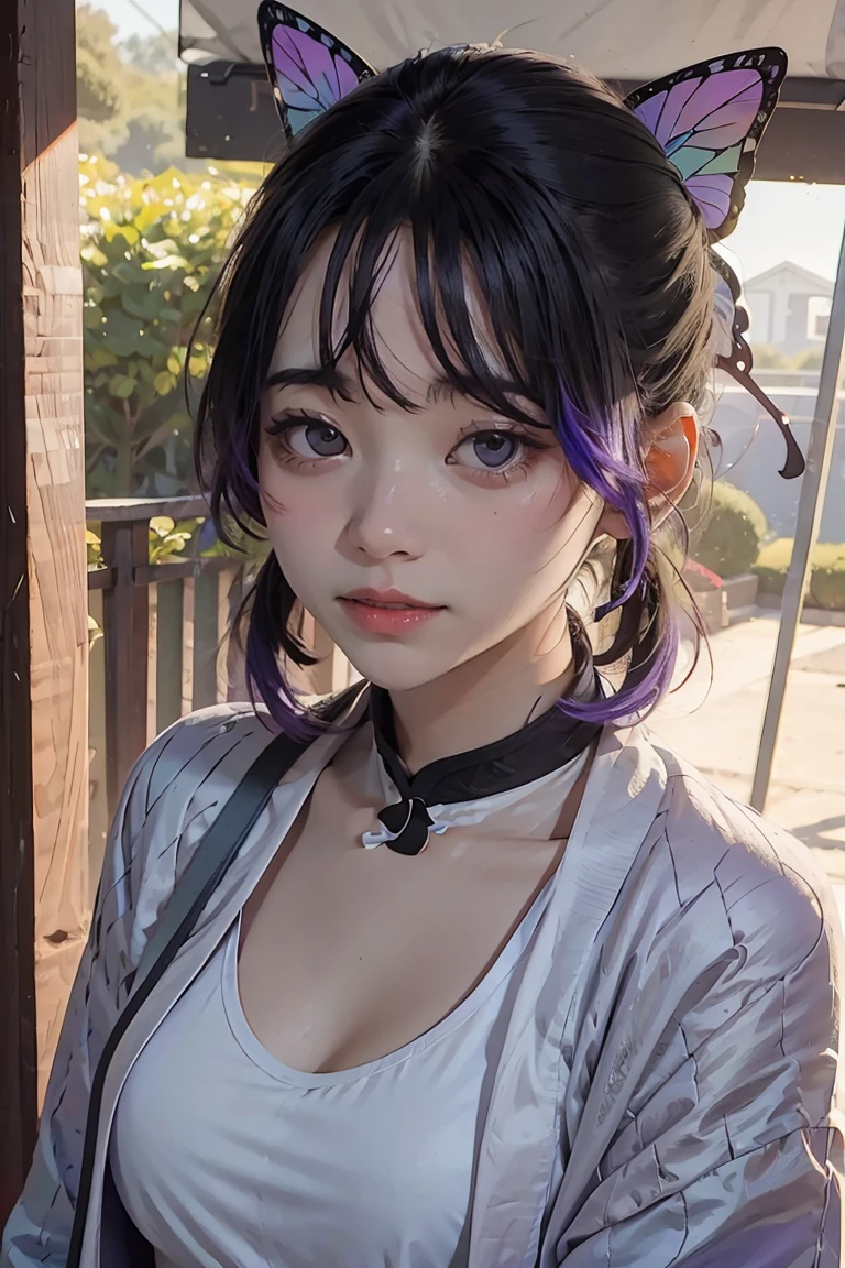 masterpiece, best quality, highres, 1girl, solo, kochou shinobu, butterfly hair ornament, purple eyes, multicolored hair, short hair, parted bangs, haori, bikini, black jacket,