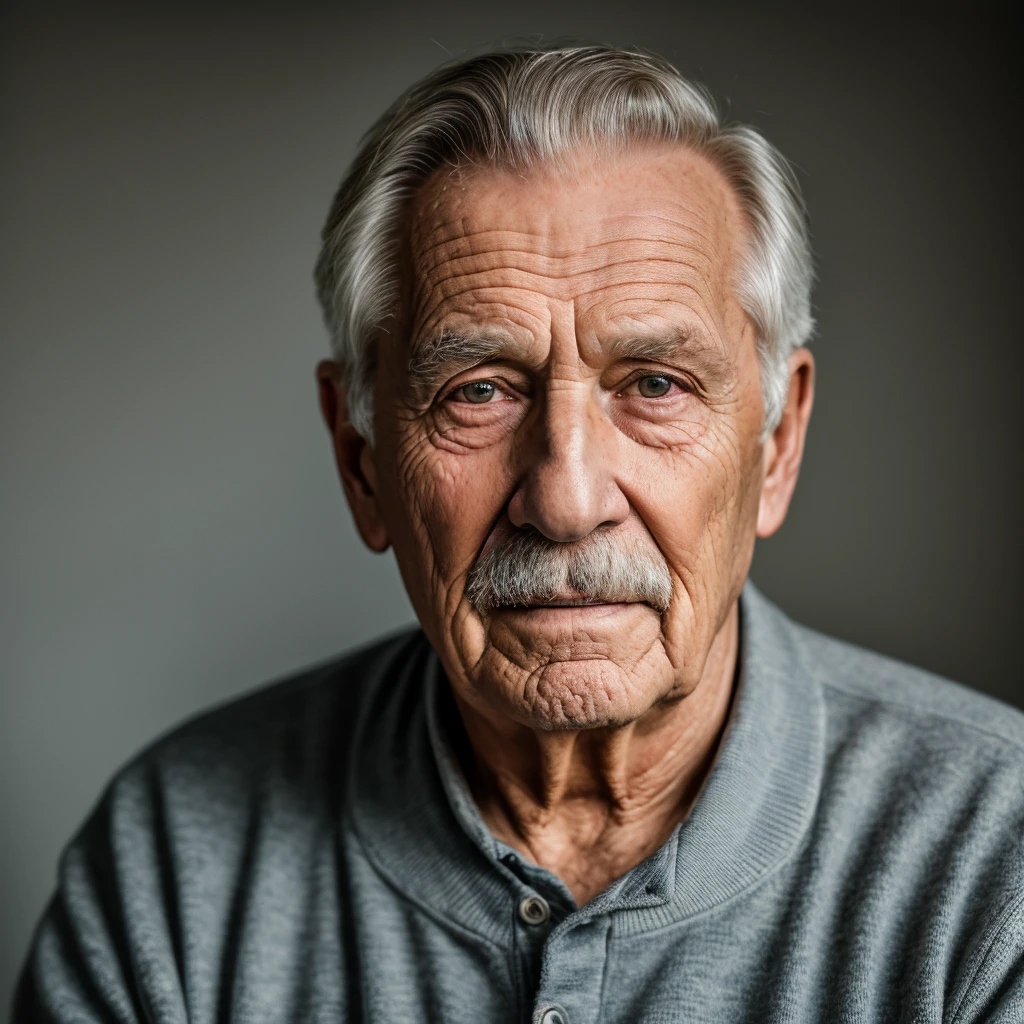 Image of an 80 year old man full body, wrinkled, weathered, with piercing eyes, detailed face, high details, photography, dark studio, rim light, Nikon D850, 50mm, f/1.4