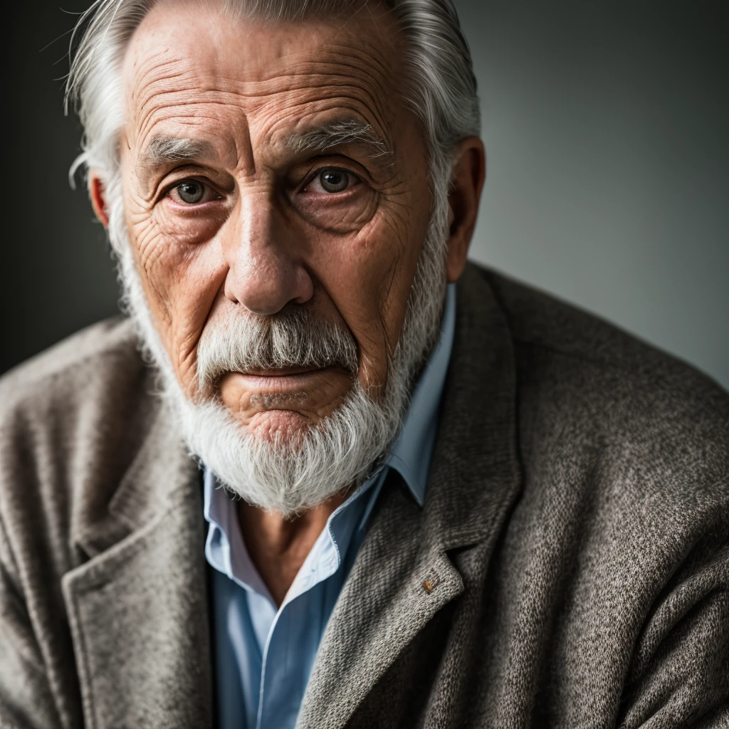 Image of an 80 year old man full body, wrinkled, weathered, with piercing eyes, detailed face, high details, photography, dark studio, rim light, Nikon D850, 50mm, f/1.4