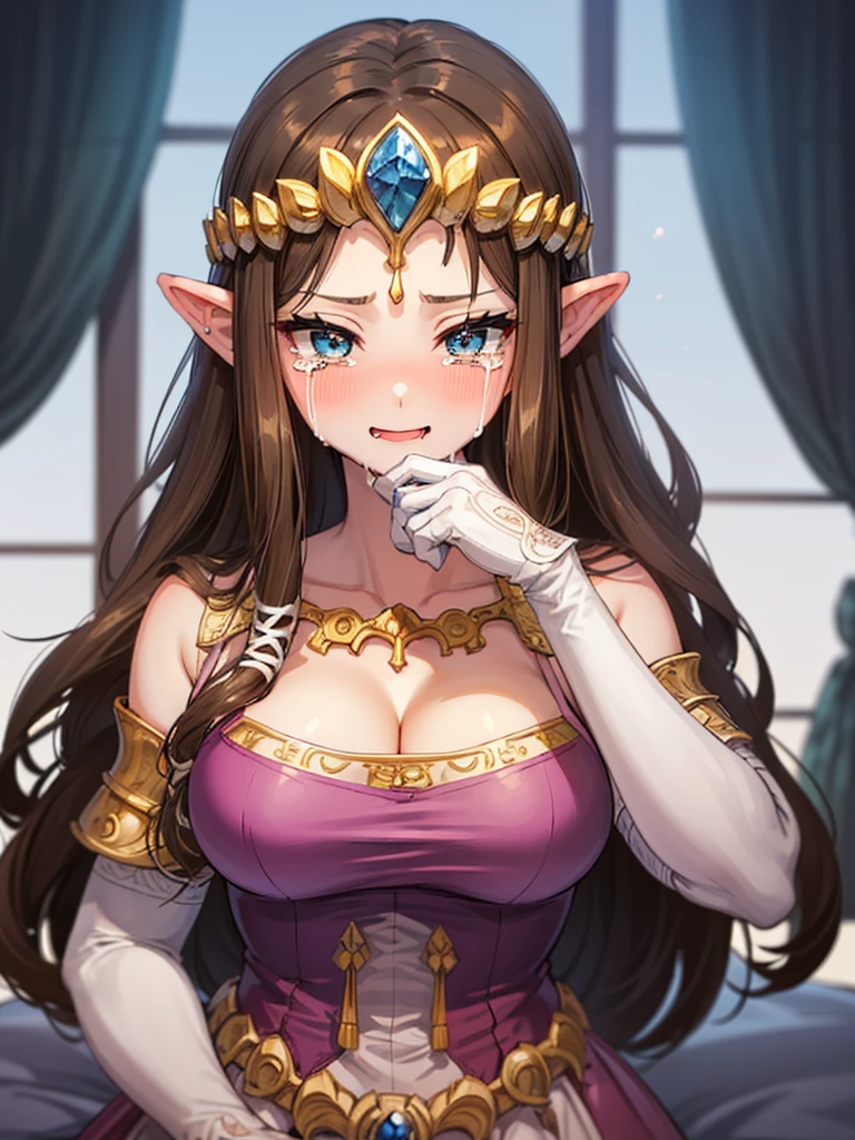 ((Hands on face)),((((Drooling)))),(((Face close-up))),((())),(((Crying))),((((Please lift your skirt)))))),((Upper Body)),((alone)),((),Anime art style,masterpiece,(Highest quality), (Super detailed),(Very delicate and beautiful),(alone),(detailedな顔と目),Beautiful eyes like jewels,(A truly gorgeous jeweled ruffled rococo ball gown dress),(((Mature Woman,Queen))),((1 Queen in a beautiful embroidery and jeweled absolutely gorgeous rococo ballgown dress with voluminous full length hoop skirt)),((crinoline)),,((Straight hair galore,Very long straight hair with plenty of volume,Super long straight hair)),,Cleavage,(bed),length_gloves,Very gorgeous hair accessory,Sparkling、((((Front Face)))),((((Adult Expressions)))),((((Beautiful Face)))),((((dress)))),((smile)),(((Long Hair)))),((((Straight hair)))),((Cleavage)),((((Dark brown hair)))),Princess Zelda,((chest is slightly exposed)), ((Highest quality)),,(Very detailed) ,((ウェディングdress)),((Put your arms behind your back)),Brown Hair,((Embarrassed look)),Blushing, ((Highest quality)), (Very detailed),((detailed)),(((pray))),Nintendo, The Legend of Zelda),Crying face,Blushing,((alone)), ((Highest quality)), (Very detailed), ,
