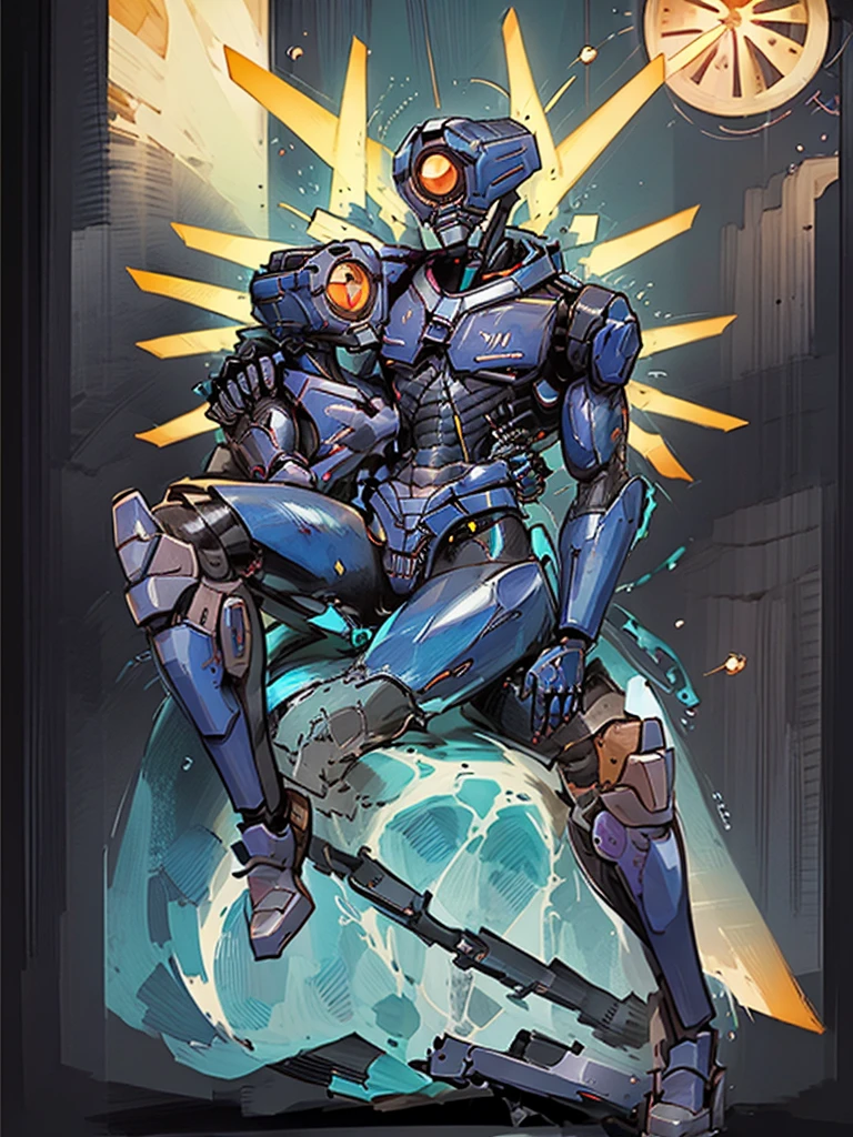 V1, blue robot, detailed, by zackary911, by chunie, sliding, holding revolver, coin in air, gunshot, ricochet using coin, hell