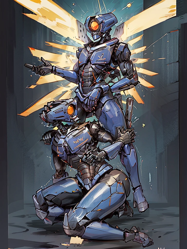 V1, blue robot, detailed, by zackary911, by chunie, sliding, holding revolver, coin in air, gunshot, ricochet using coin, hell