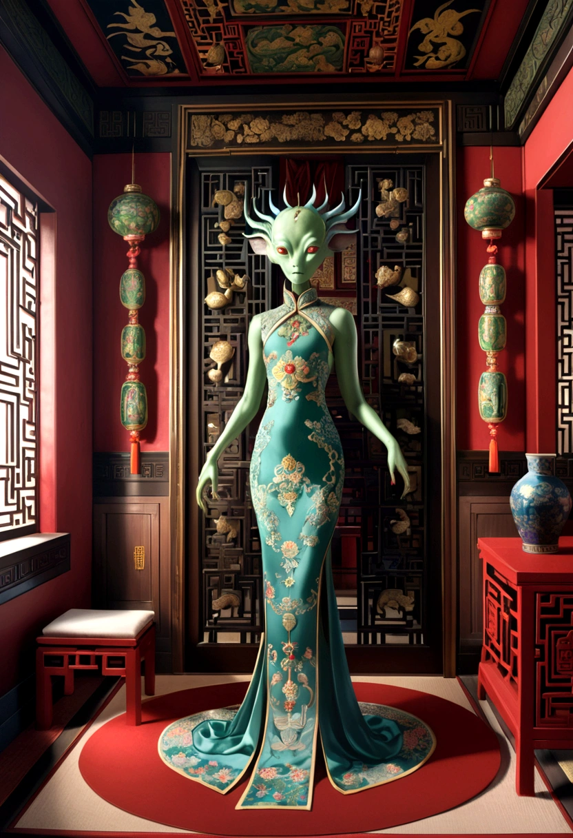 an alien creature,intricate cheongsam dress,asian royal room,green skin,barely humanoid,extremely detailed,photorealistic,ultra-detailed,masterpiece,8k,award winning art,dramatic lighting,ornate decor,ancient artifacts,opulent furnishings,silk embroidery,traditional chinese architecture
