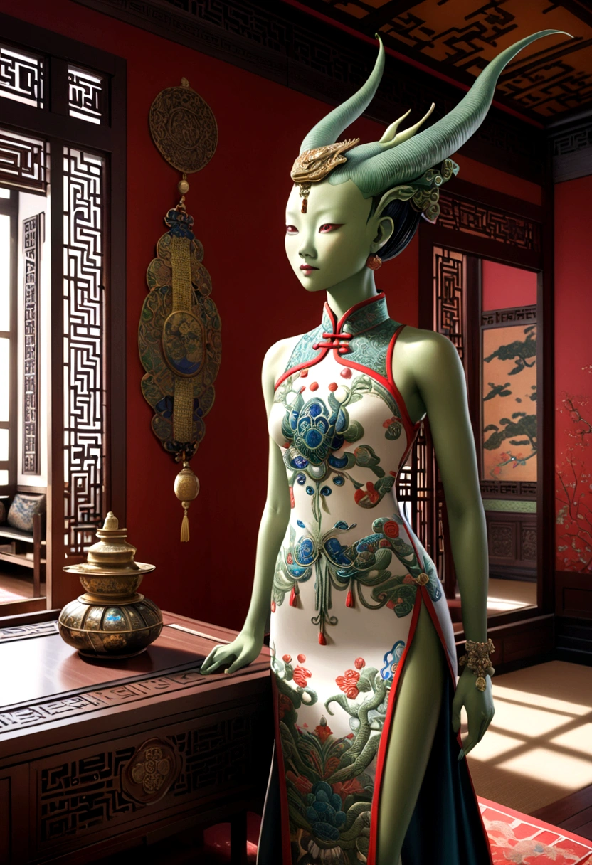 an alien creature,intricate cheongsam dress,asian royal room,green skin,barely humanoid,extremely detailed,photorealistic,ultra-detailed,masterpiece,8k,award winning art,dramatic lighting,ornate decor,ancient artifacts,opulent furnishings,silk embroidery,traditional chinese architecture