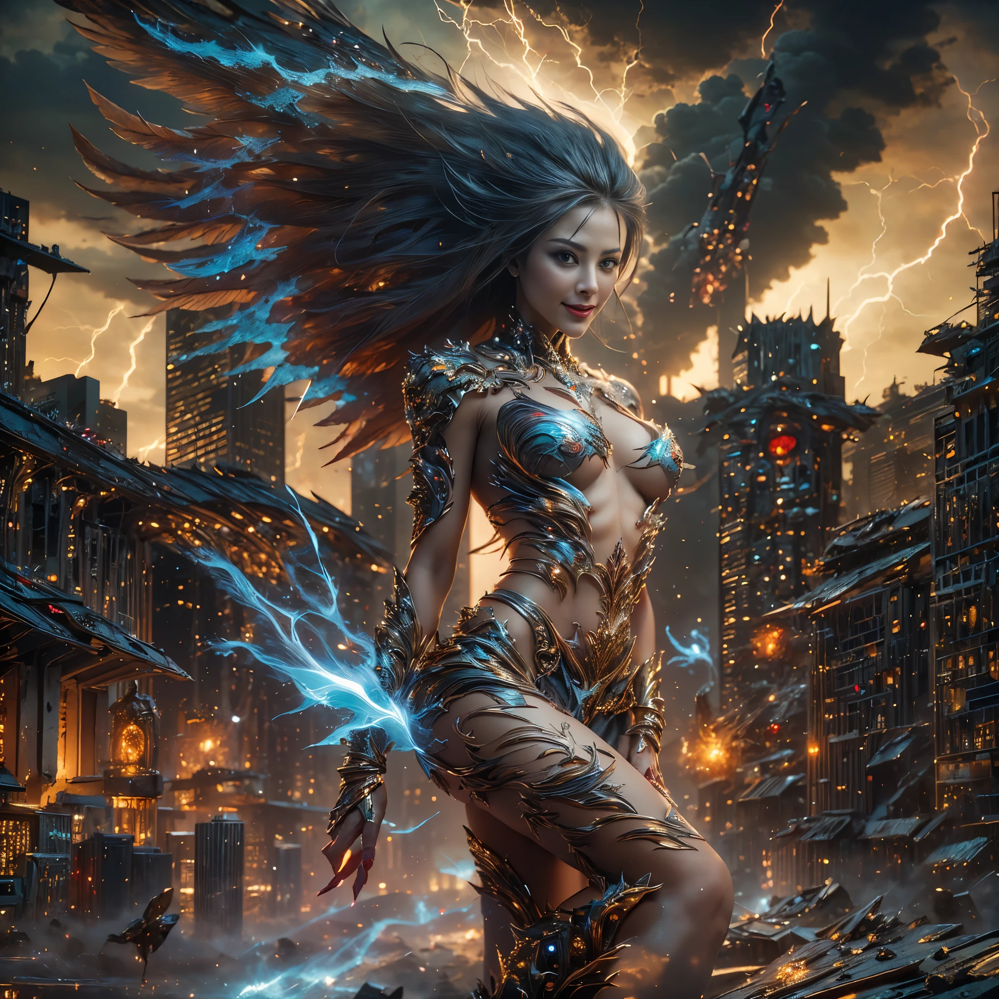 Tania,(((8k RAW photo, hyper realistic, masterpiece, best quality, crisp detail, high definition, high detail, very rich detail, sharp focus, sharp detail, colorful, rich color, cinematic, perfect studio lightning, full body photograph, mystic atmosphere))), (((fully naked) young colorful thunder goddess, (fully nude), showing pussy and nipples, smooth body, ideal body, naughty smile)), (thunder storm, thunder energy, (showing (pussy, vagina, genital, nipples))), ((wide thunder wings, tail)), ((very long sharp claws, thunder fingers)), (fighting in a destroyed city, burned city, night, storm), (( thunderbird behind)),