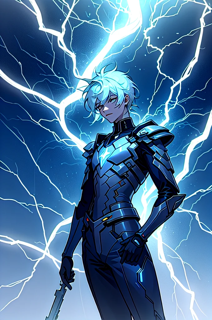 A 15-year-old teenage boy with an albino skin tone. He is an engineer and artificer, without facial or body hair. His hair is short and straight, colored white. The boy is wearing a futuristic cyberpunk in black and blue, futuristic style clothes, adorned with white lightning patterns. He is surrounded by an aura of white lightning, with a background featuring a scenery of rapid lightning and thunder. Thunder powers.