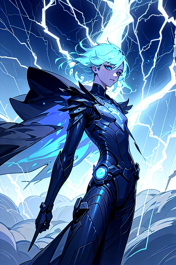 A 15-year-old teenage boy with an albino skin tone. He is an engineer and artificer, without facial or body hair. His hair is short and straight, colored white. The boy is wearing a futuristic cyberpunk in black and blue, futuristic style clothes, adorned with white lightning patterns. He is surrounded by an aura of white lightning, with a background featuring a scenery of rapid lightning and thunder. Thunder powers.