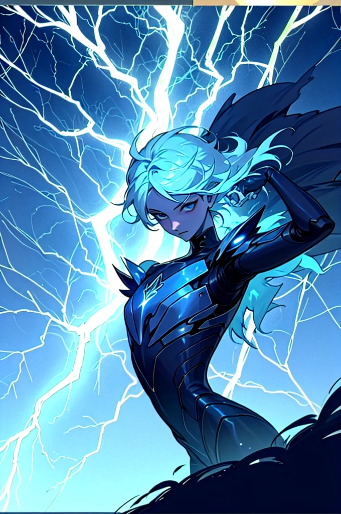 A 15-year-old teenage boy with an albino skin tone. He is an engineer and artificer, without facial or body hair. His hair is short and straight, colored white. The boy is wearing a futuristic cyberpunk in black and blue, futuristic style clothes, adorned with white lightning patterns. He is surrounded by an aura of white lightning, with a background featuring a scenery of rapid lightning and thunder. Thunder powers.