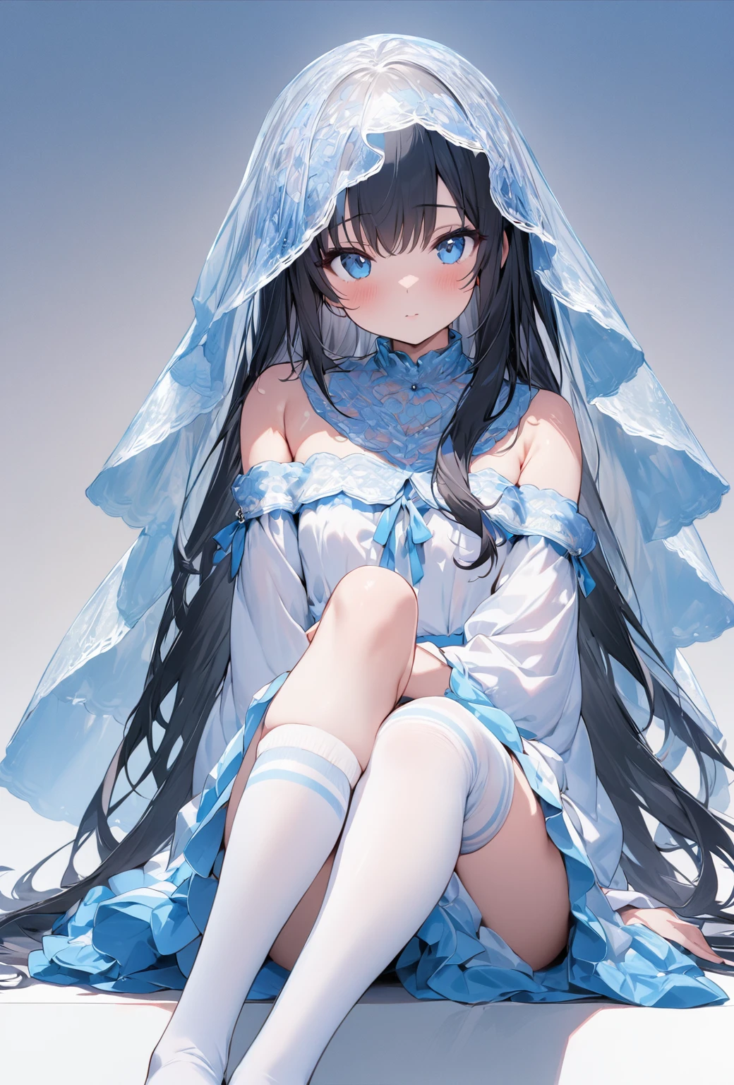 ((Highest quality)), ((masterpiece)), ((Very detailed)), (Very cute),A cool-looking woman with gentle black hair and a height of about 165cm.,A woman with a cute smile wearing a transparent blue waifus with a cute patterned hood and bare shoulders, alone, Cute attitude,(background(bright),Long Hair - Straight,Knee-high socks、A transparent blue veil with a cute pattern and white hood with off-the-shoulder sleeves,White wall、Sitting、Facing the viewer、