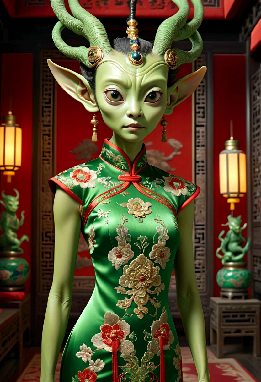 an alien creature,intricate cheongsam dress,asian royal room,green skin,barely humanoid,extremely detailed,photorealistic,ultra-detailed,masterpiece,8k,award winning art,dramatic lighting,ornate decor,ancient artifacts,opulent furnishings,silk embroidery,traditional chinese architecture