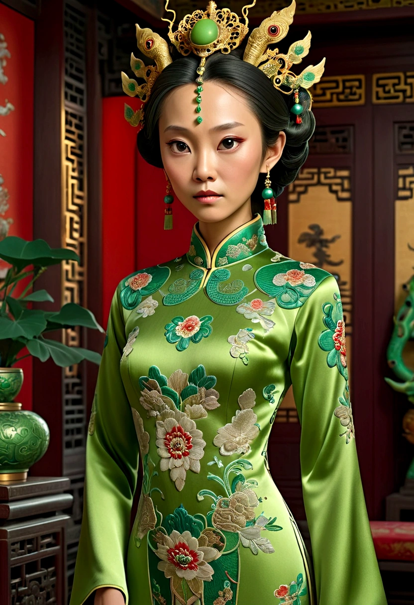 an alien creature,intricate cheongsam dress,asian royal room,green skin,barely humanoid,extremely detailed,photorealistic,ultra-detailed,masterpiece,8k,award winning art,dramatic lighting,ornate decor,ancient artifacts,opulent furnishings,silk embroidery,traditional chinese architecture
