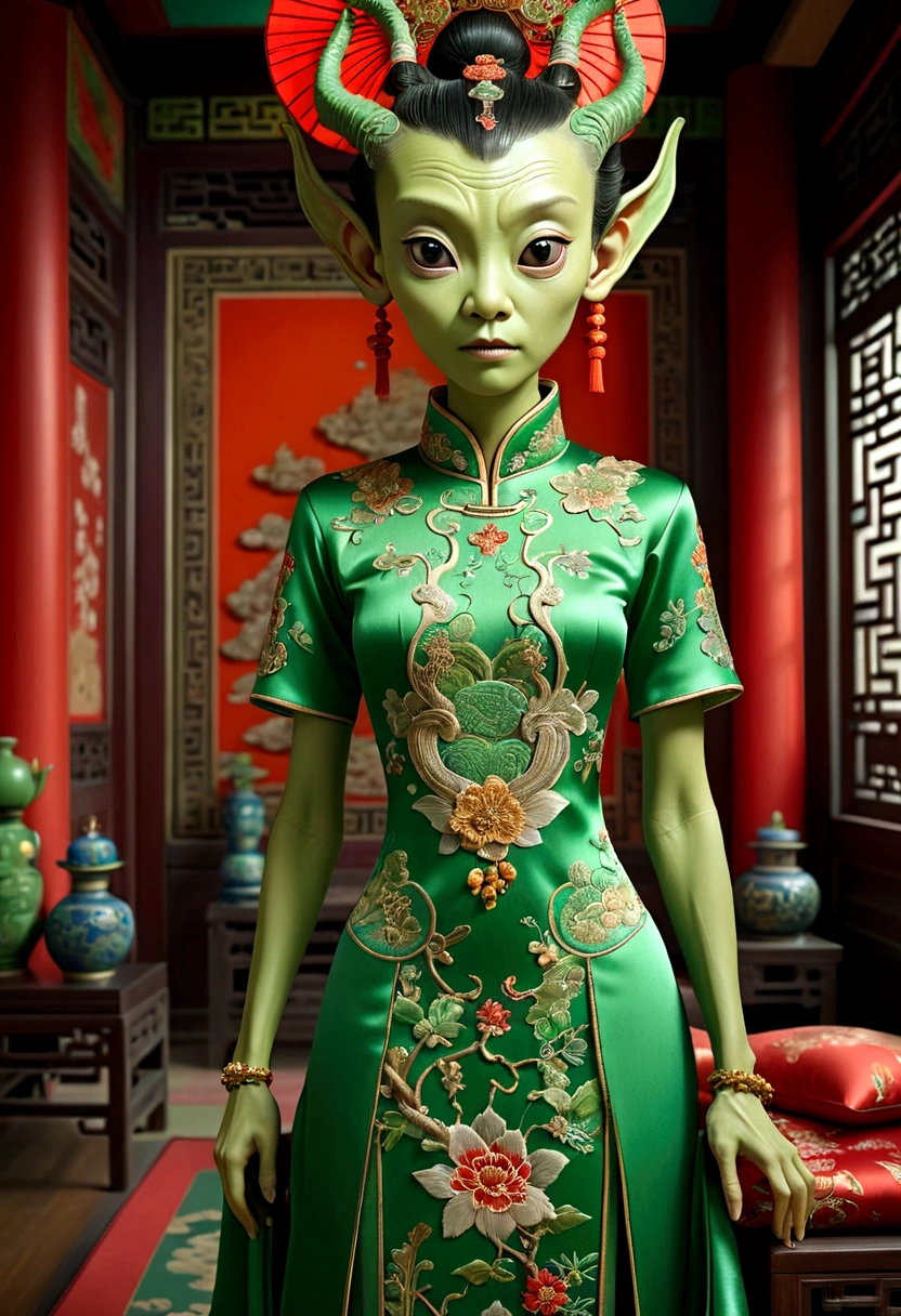 an alien creature,intricate cheongsam dress,asian royal room,green skin,barely humanoid,extremely detailed,photorealistic,ultra-detailed,masterpiece,8k,award winning art,dramatic lighting,ornate decor,ancient artifacts,opulent furnishings,silk embroidery,traditional chinese architecture
