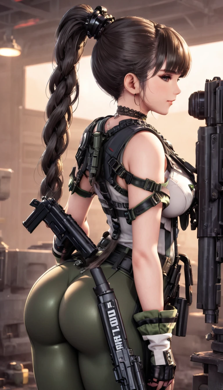 Eve, Stellar Blade, big breast, thicc thighs, curvy, 1girl,solo,heavy makeup,cute,earrings,ring braid,(lewd smile:1.1),holding submachine gun,ponytail,idol,hooker,military uniform,(battleground:1.1), showing back, big buttocks, 