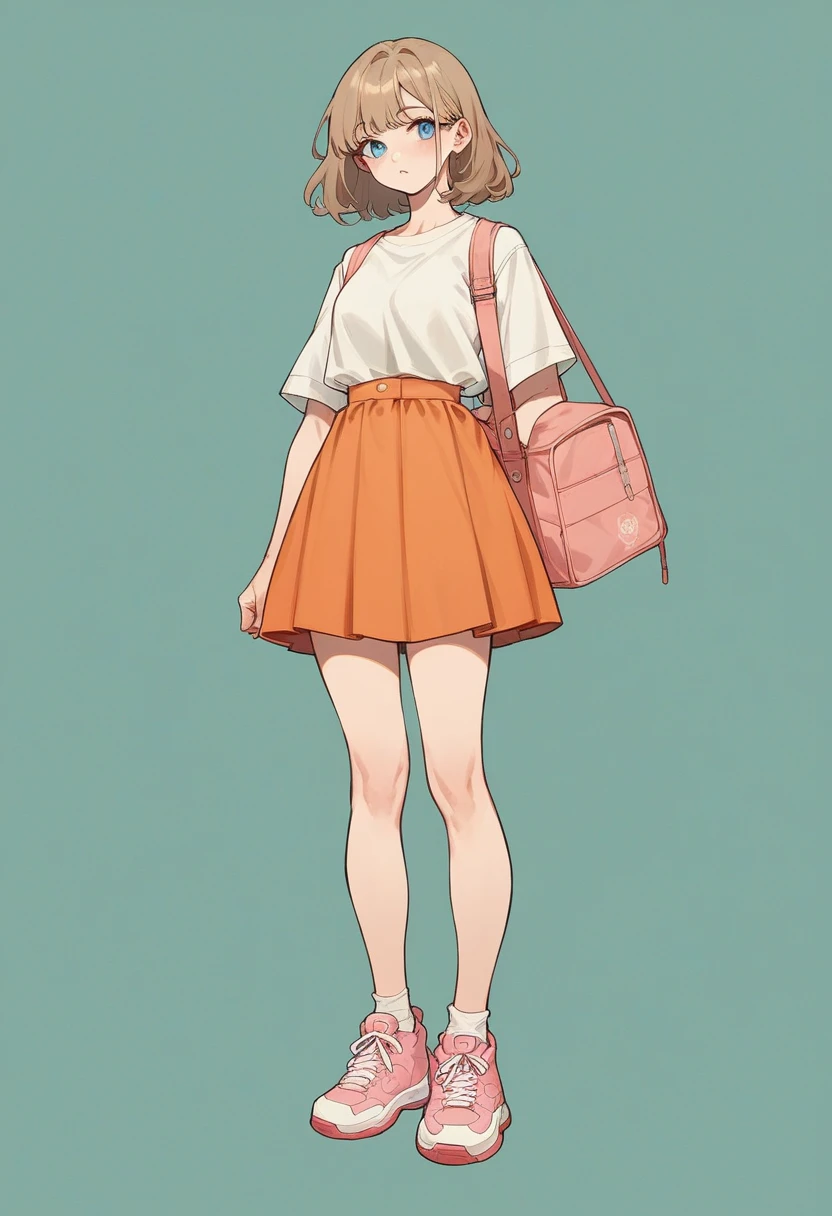 Create a light skinned 3d style female character, blue colored eyes, medium wavy light brown hair wearing a white blouse and an orange skirt with pink sneakers