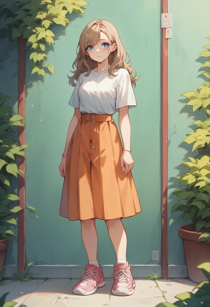 Create a light skinned 3d style female character, blue colored eyes, medium wavy light brown hair wearing a white blouse and an orange skirt with pink sneakers