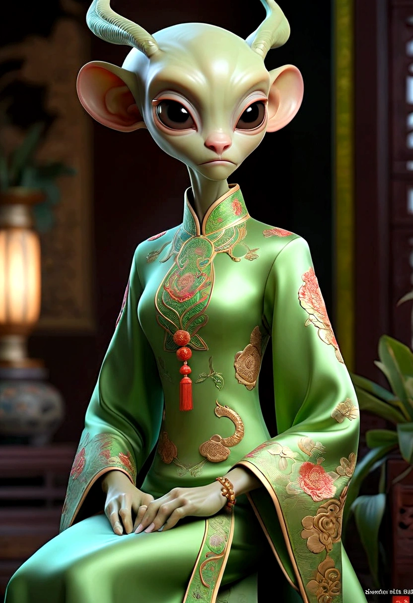 an alien creature,intricate cheongsam dress,asian royal room,green skin,barely humanoid,extremely detailed,photorealistic,ultra-detailed,masterpiece,8k,award winning art,dramatic lighting,ornate decor,ancient artifacts,opulent furnishings,silk embroidery,traditional chinese architecture