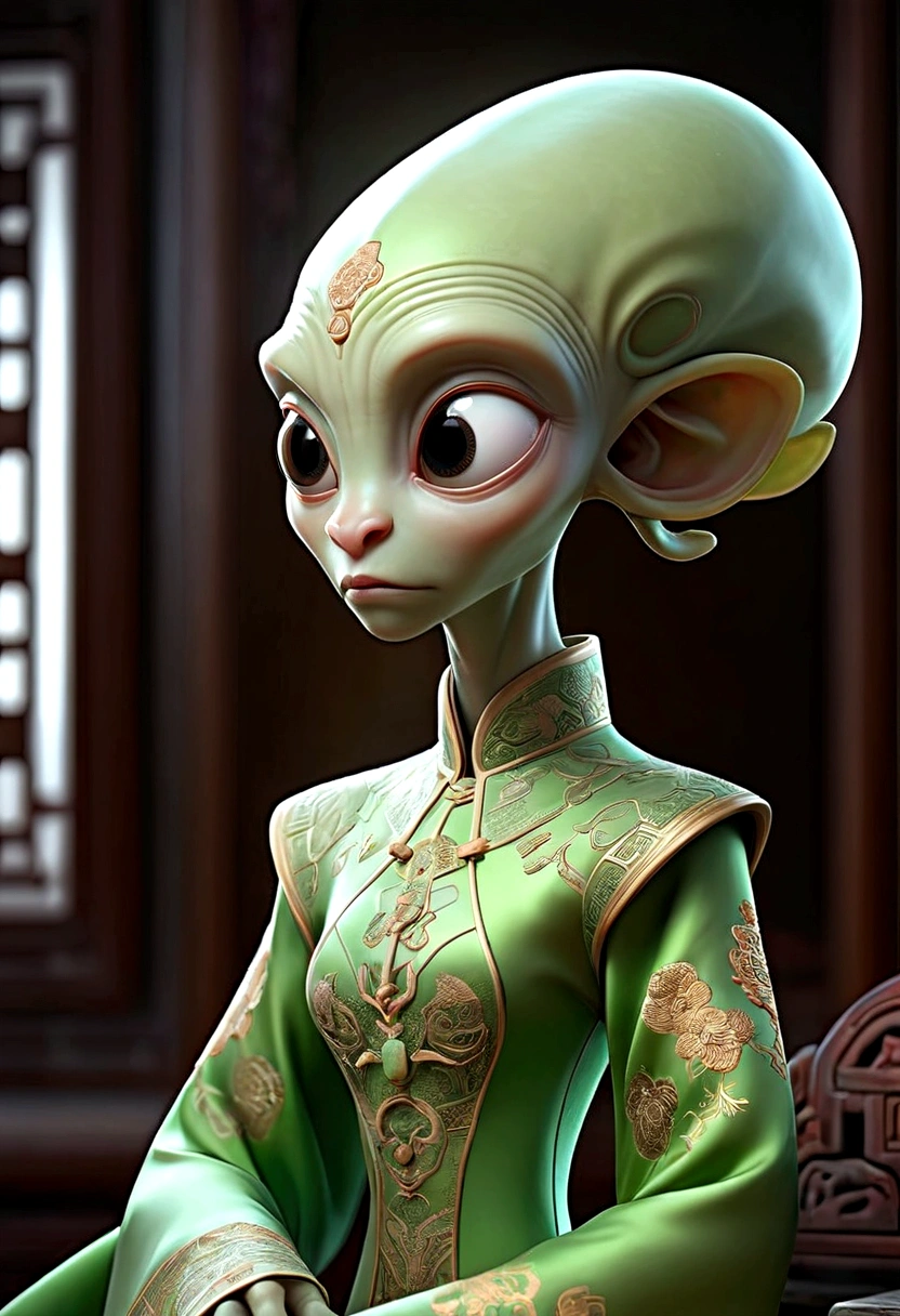 an alien creature,intricate cheongsam dress,asian royal room,green skin,barely humanoid,extremely detailed,photorealistic,ultra-detailed,masterpiece,8k,award winning art,dramatic lighting,ornate decor,ancient artifacts,opulent furnishings,silk embroidery,traditional chinese architecture