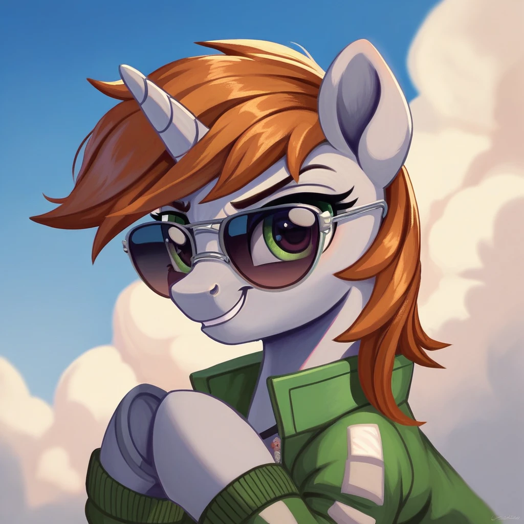 score_9, score_8_up, score_8, source_pony, 2D, solo, feral, pony, littlepip, unicorn, dripjacket, own hands together, IncrsXLDealWithIt, sunglasses, looking at viewer, smirking at viewer,