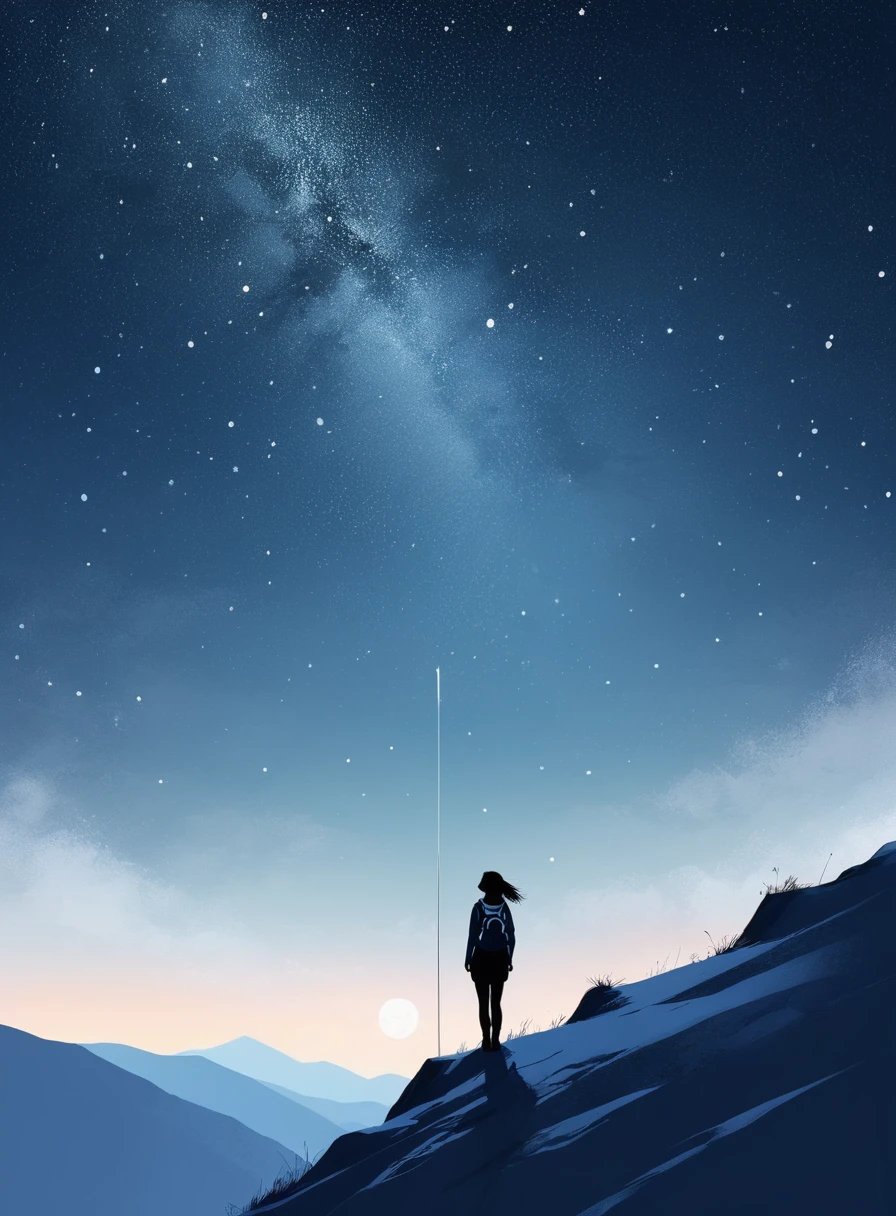 Minimalist Journey, Mountaineering, solitary, 1 girl looking up at the stars, Minimalism, On the Hill, illustration.