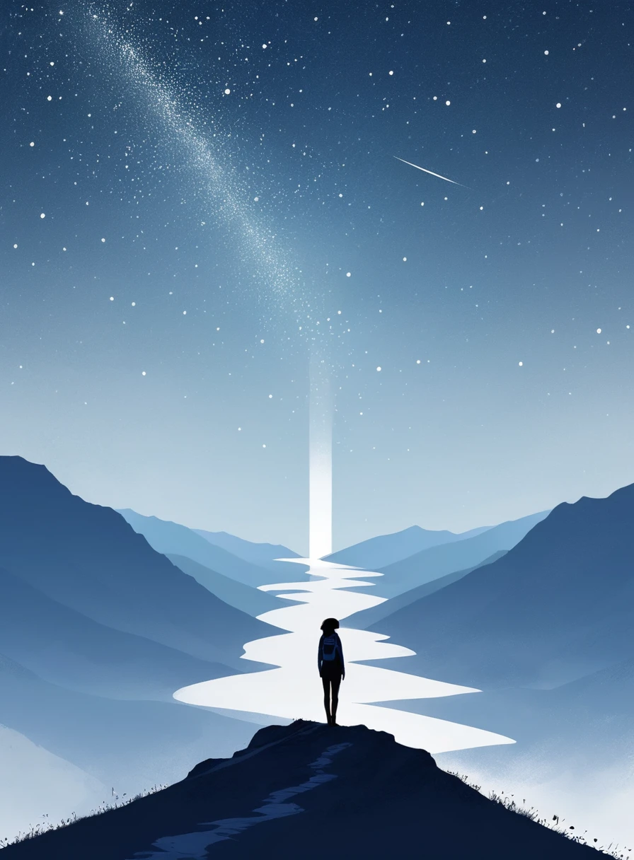 Minimalist Journey, Mountaineering, solitary, 1 girl looking up at the stars, Minimalism, On the Hill, illustration.