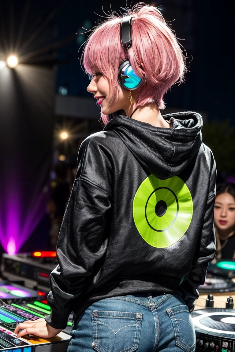 highest quality, Tabletop, 超A high resolution, (Realistic:1.4), (Japanese Idols),RAW Photos, One Girl, night,Detailed skin,nightclub,disco,(bionde:1.2), (Pink inner hair:1.3),Glossy lips,smile,21 years old,Beautiful and beautiful eyes,eye shadow,Diamond jewellery,Earrings,Gold Jewelry,(hoodies:1.3),,(Strengthening shoulders:1.2),A well-trained body,(Pixie Cut),Round face,(playing music as a dj:1.5), (dj:1.2) playing at a vibrant (music festival:1.2) with (energetic crowd:1.1) and (colorful stage lights:1.1), (Back view:1.5 ),Back view,A slightly distant composition