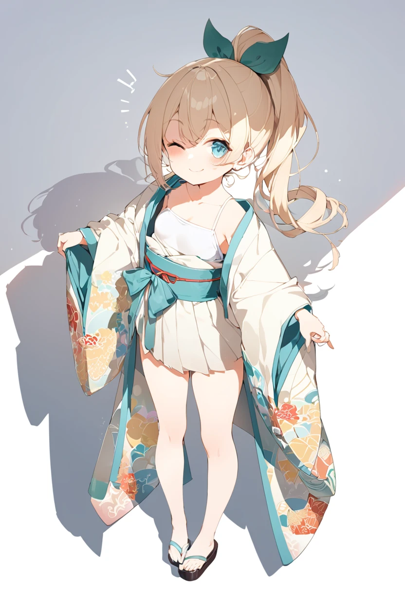 (masterpiece), (best quality), perfect face, beautiful girl, white background background, delicate and beautiful face and eyes, dark intense shadow, 
1 girl, vtuber style, cool girl, hololive, loli, Kazama Iroha, Ponytail, kimono, small chest, clavicle, winking, smile, (full body), looking at viewer, standing, 