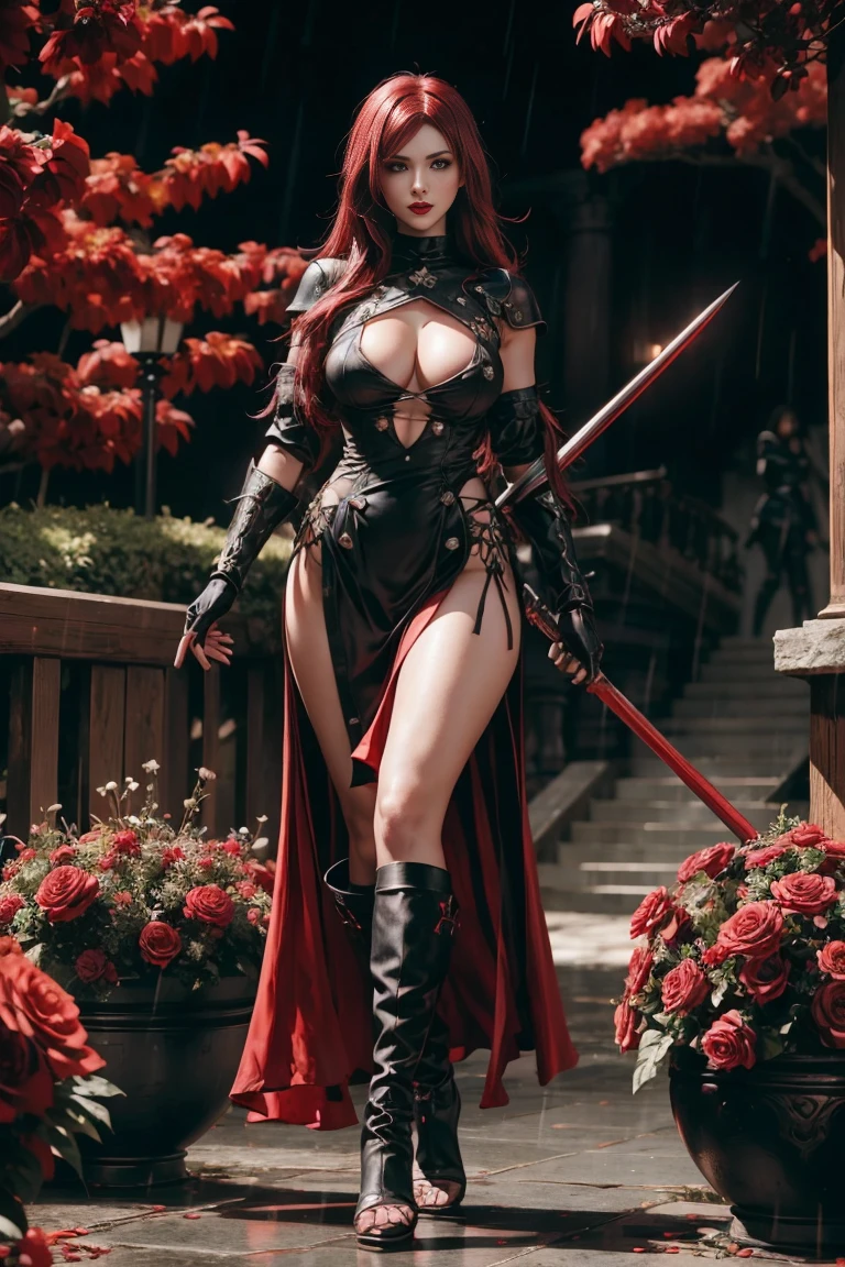 Full body Beauty sexy sensual young europien girl in Nier Automata style long dark red hair, black eyes, red lips, large breast in ornad e complex armor with rain & red & blck flowers, holding two ornad, complex & elegant swords