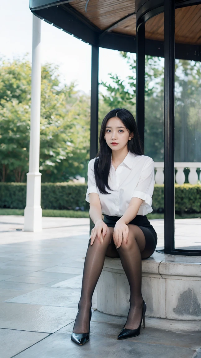 (Hasselblad:1.2),1girl,solo,black eyes,black hair,long hair,White shirt,outdoors,full body,BLACK Pantyhose,BLACK heels,park,