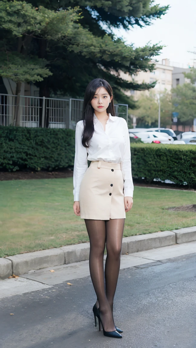 (Hasselblad:1.2),1girl,solo,black eyes,black hair,long hair,White shirt,outdoors,full body,BLACK Pantyhose,BLACK heels,park,