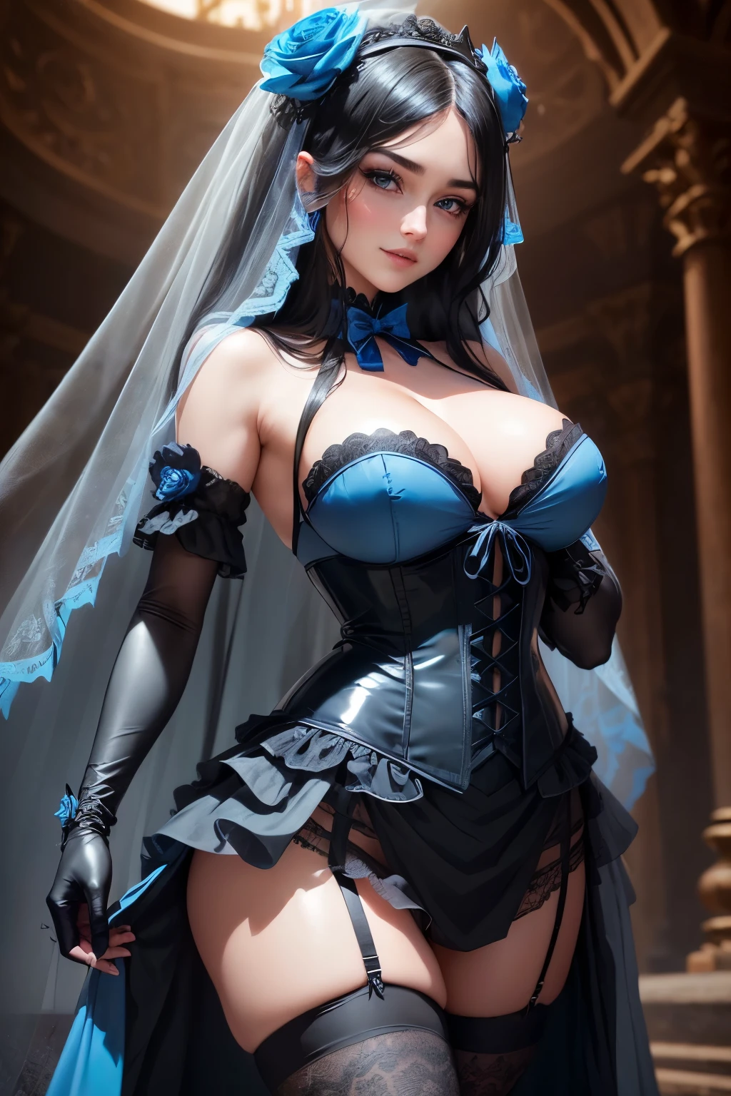 (best quality, 4k, 8k, highres, masterpiece:1.2),ultra-detailed,detailed face,realistic,Lotan beautiful caucasian woman with straight long black hair,blue eyes,flustered expression,very long hair,colored inner hair,fair skin,voluptuous,detailed lips and eyes,expressive face,attractive appearance,dragon horns on the head,(fusion of black mourning-dress and black wedding dress:1.2),(gothic ta:1.3),(light-blue and black theme:1.3),((black mourning-veil, black see-through wedding-veil):1.5),((black latex corset, light-blue breast-cup):1.4),(short puff-sleeve:1.3),((white collar, tie-bow):1.3),((ruffle-skirt, multilayer-skirt):1.4),((stockings, garter belt):1.3),(see-through long gloves:1.3),(blue rose decoration on head:1.3),(high heels:1.1),smiling shyly,blushing,blush,hand touching cheek