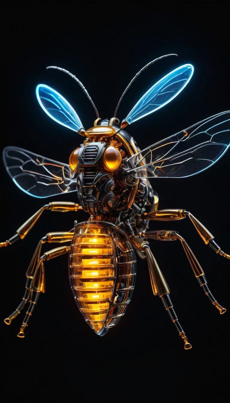 whole body, Against an all-black background, The fusion of biology and machines, Transparent Mechanical Hornet, Complex and precise internal structure, Glowing neon lamp, (Light-emitting electronic components)
