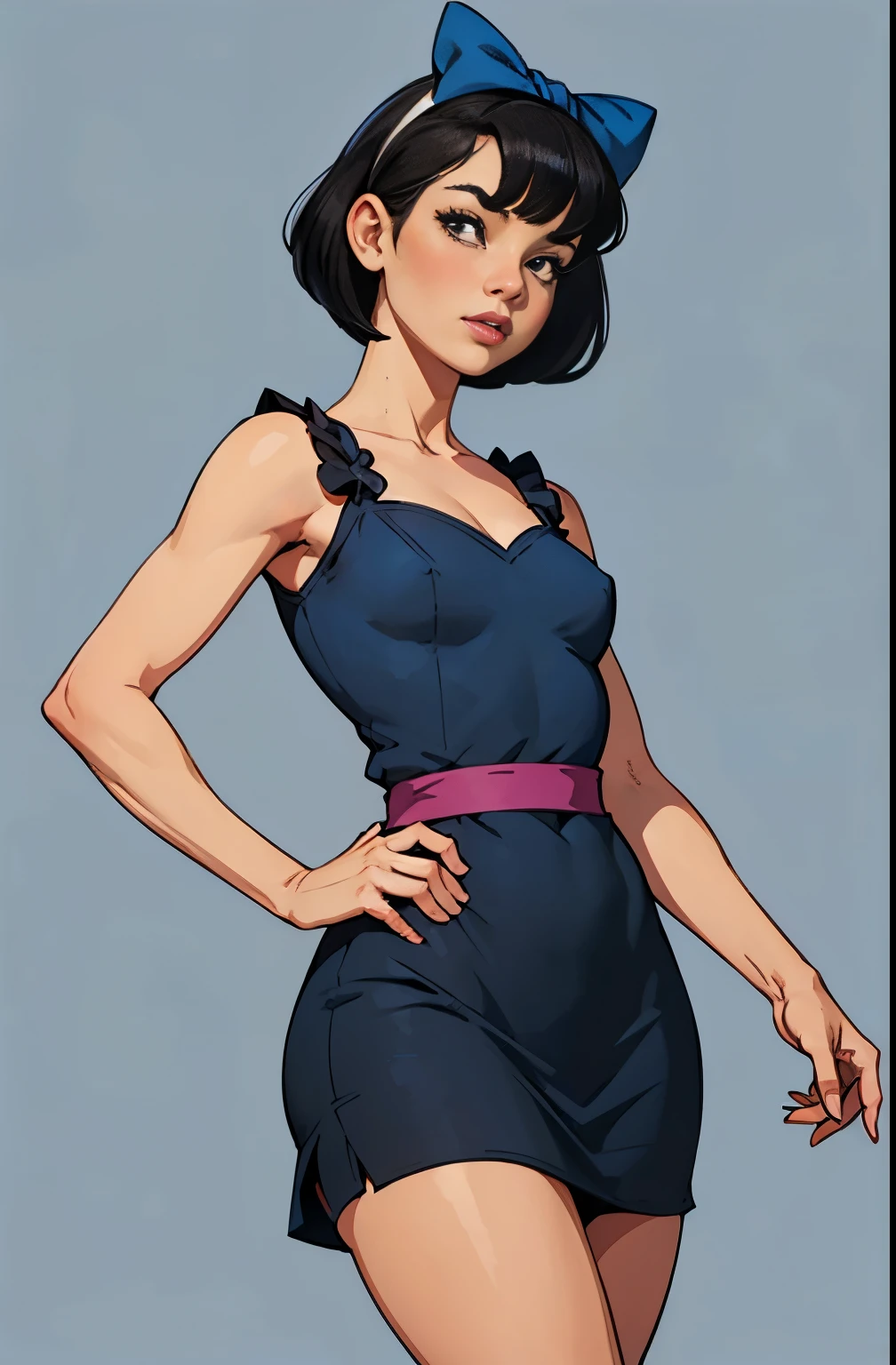 girl, portrait, small breasts, slim, short black hair, blue bow on head, bangs, betty rubble, flintstone, hot, soft or colored lips, blue short dress, pinup, housewife, simple background, flat colors, perfect hands , perfect anatomy,

