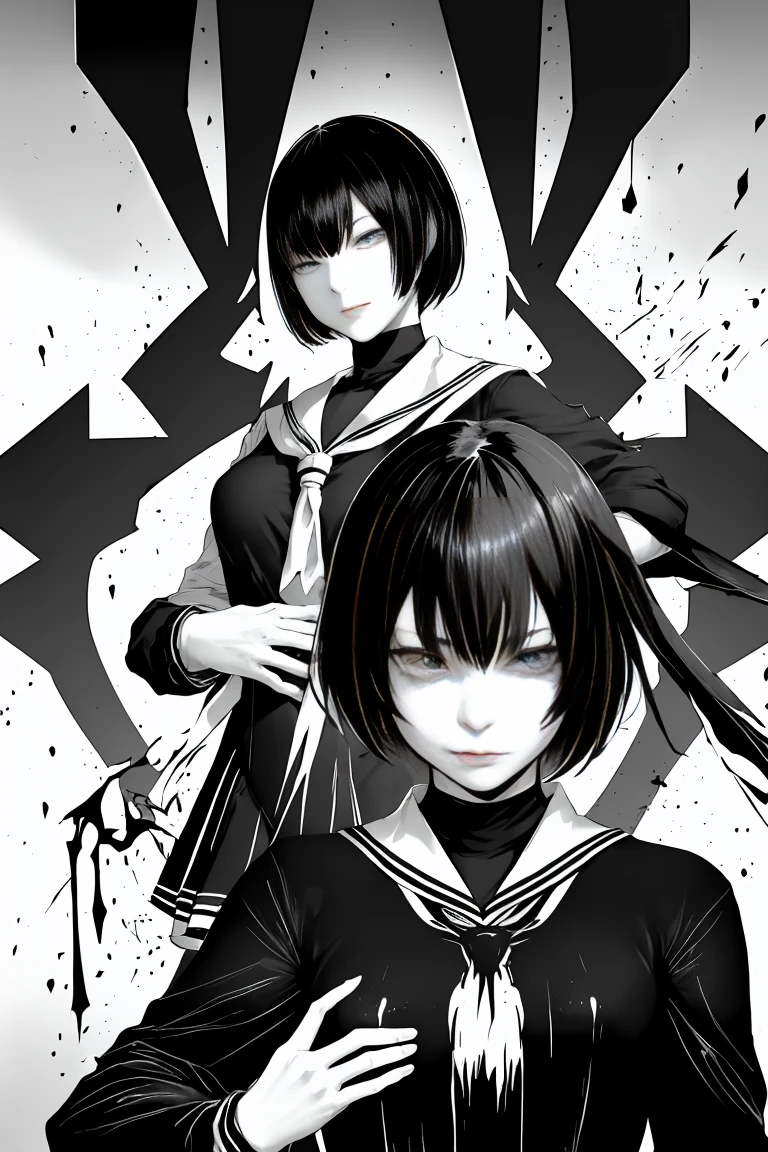 v5lcn style,Ink Art,(Highest quality,Tabletop:1.2),(Black and white comic core:1.1),(extremely high contrast),Dark ink,One Girl,Black-haired,Face Shadow、8K,solve,high school girl,Sailor suit,(Left and right split theme:0.7),Without gaps,Heterochromia iridis,(Chiaroscuro:1.2)