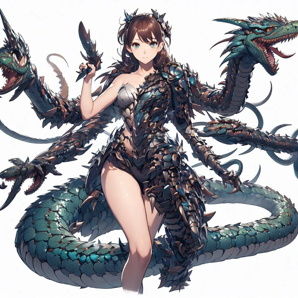 A researcher who merged with a monster. She is a reptilian element. Two snakes jump from her back. Both hands become weapons. armored body.