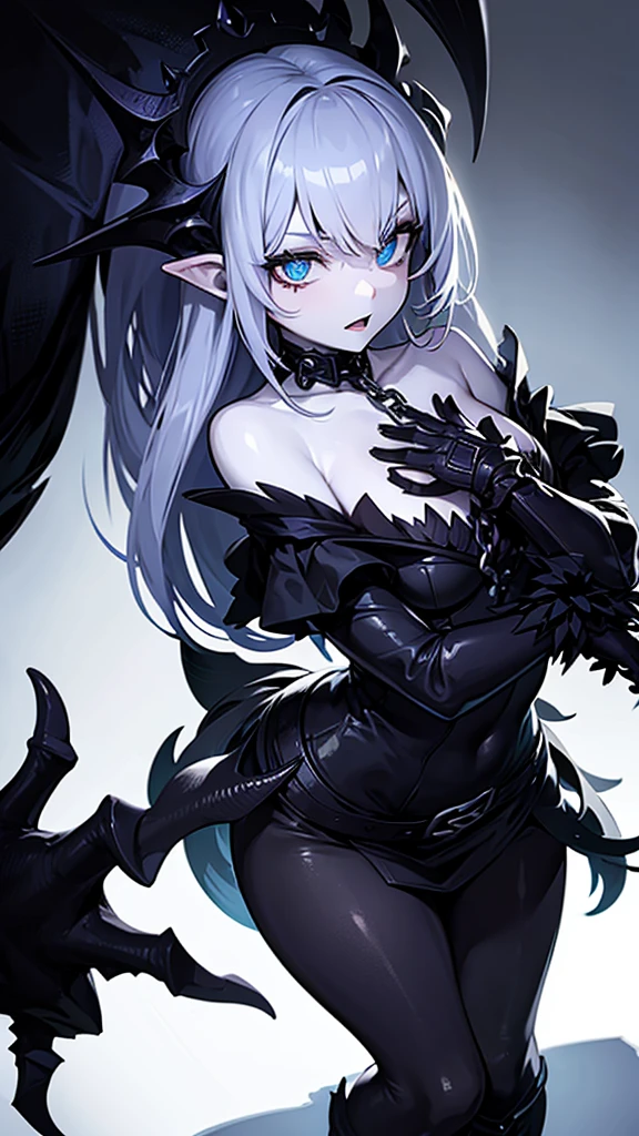 a girl monster, slave, chained, beautiful, detailed portrait, delicate facial features, piercing eyes, sharp fangs, pale skin, thick chains, dark background, cinematic lighting, dramatic shadows, moody atmosphere, dark fantasy, high contrast