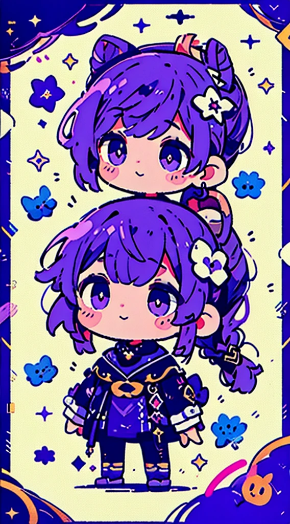 Q version、cute、Low double ponytail、Purple Eyes、masterpiece、Top quality、Top image quality,、Purple Hair、Bangs、(Genshin Impact)Nilu