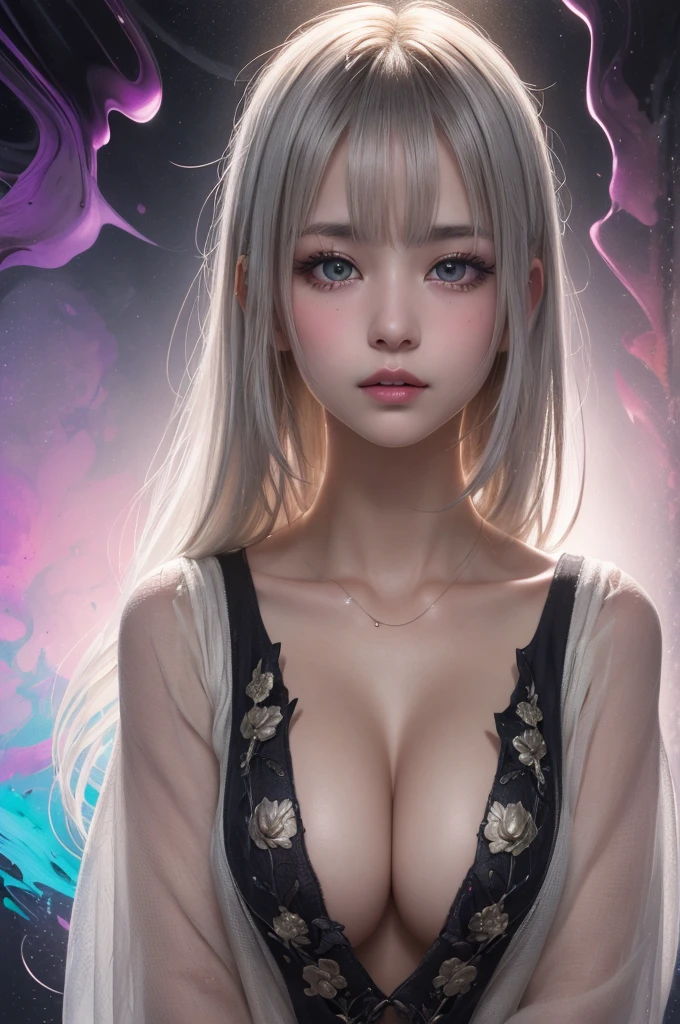Realistic、(masterpiece、Highest quality、Highest quality、Official Art、Beautiful and aesthetic:1.2)、Very detailed、woman,people々turn black:1.2,((Backlighting:1.2)),Fractal Art、colorful、Highest detail、Tangled、(The background is bright and abstract:1.5)Silver Hair、Bright Eyes、all back、Masseter muscle area,High definition,1peopleの少女、Idol、Close-up、clavicle、picture、movie、Depth of written boundary、Jito Order、Eyes from below,Long Hair,View your viewers、Cleavage,((surrealist clothes:1.4)),Puffy eyes,Sit on,(Big Breasts)