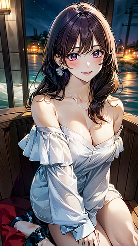 (masterpiece:1.3, Highest quality, Ultra-high resolution:1.2, Super detailed、8K), (Realistic, photoRealistic:1.4), Beautiful illustrations, Perfect lighting, colorful, Depth of written boundary, Beautiful detailed hair, Beautifully detailed face, Beautiful fine details, Droopy eyes、Beautiful clavicle, Beautiful body, 美しいLarge Breasts, Beautiful thighs, Beautiful feet, Beautiful fingers, View Viewer、Front view:0.6, Beauty1人, Japanese, Beauty、30 years old, Perfect Face, (Perfect Anatomy, Anatomically correct), Cute and symmetrical face, Baby Face, , Shiny skin,(White off-the-shoulder blouse:1.4), (colorfulなロングスカート:1.4) 、(Black pumps:1.3)、(deep purple hair, hair ornaments、Medium Straight Hair:1.4), braided bangs、Dark brown eyes, (Large Breasts, Slim body), necklace, Small earrings:1.1, (Beautiful views), (night),( luxury liner),Sitting in a chair, A soft smile、(Smile, Lips parted),