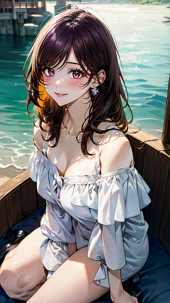 (masterpiece:1.3, Highest quality, Ultra-high resolution:1.2, Super detailed、8K), (Realistic, photoRealistic:1.4), Beautiful illustrations, Perfect lighting, colorful, Depth of written boundary, Beautiful detailed hair, Beautifully detailed face, Beautiful fine details, Droopy eyes、Beautiful clavicle, Beautiful body, 美しいLarge Breasts, Beautiful thighs, Beautiful feet, Beautiful fingers, View Viewer、Front view:0.6, Beauty1人, Japanese, Beauty、30 years old, Perfect Face, (Perfect Anatomy, Anatomically correct), Cute and symmetrical face, Baby Face, , Shiny skin,(White off-the-shoulder blouse:1.4), (colorfulなロングスカート:1.4) 、(Black pumps:1.3)、(deep purple hair, hair ornaments、Medium Straight Hair:1.4), braided bangs、Dark brown eyes, (Large Breasts, Slim body), necklace, Small earrings:1.1, (Beautiful views), (night),( luxury liner),Sitting in a chair, A soft smile、(Smile, Lips parted),