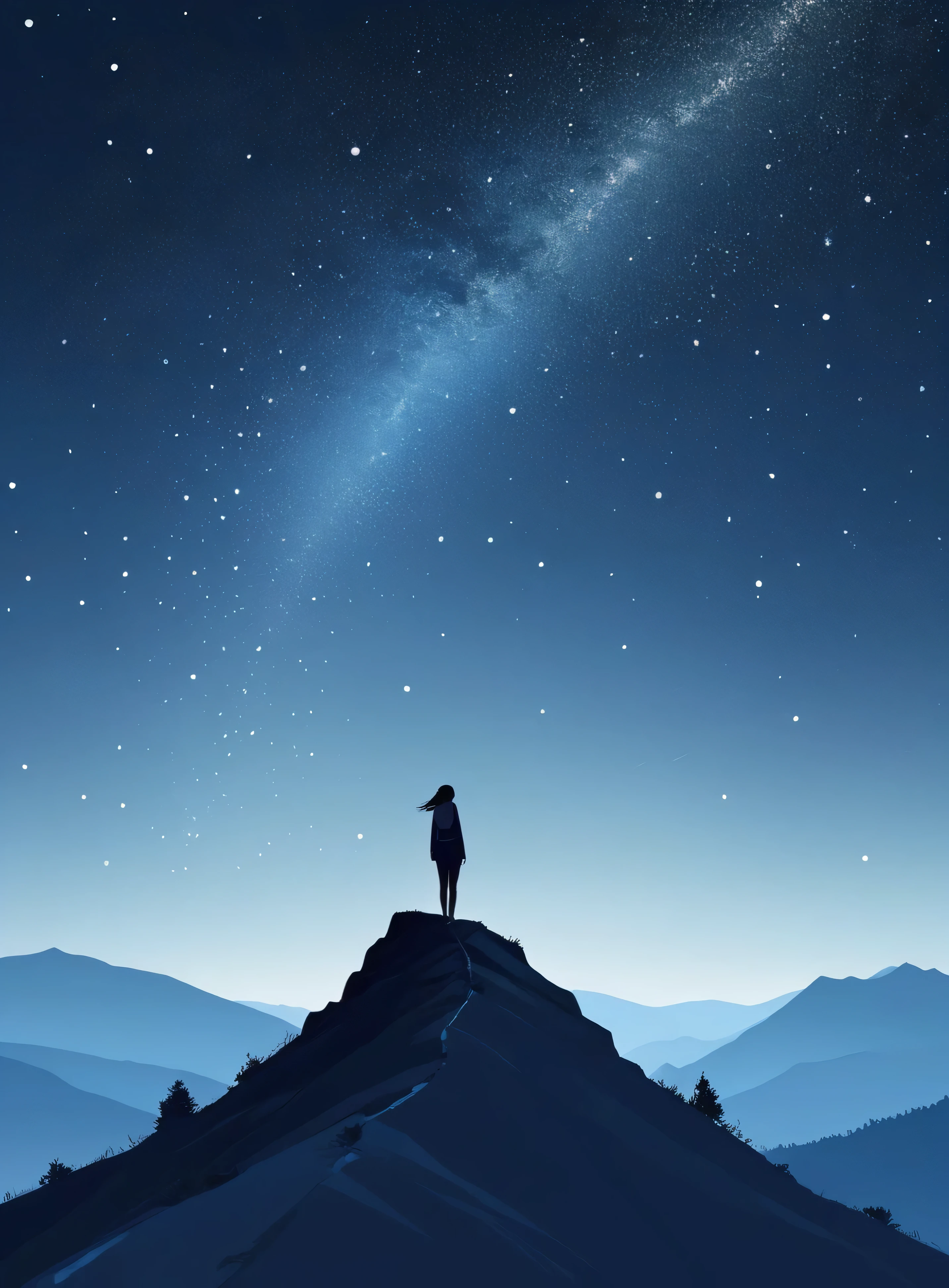 Minimalist Journey, Mountaineering, solitary, 1 girl looking up at the stars, Minimalism, On the Hill, illustration.
