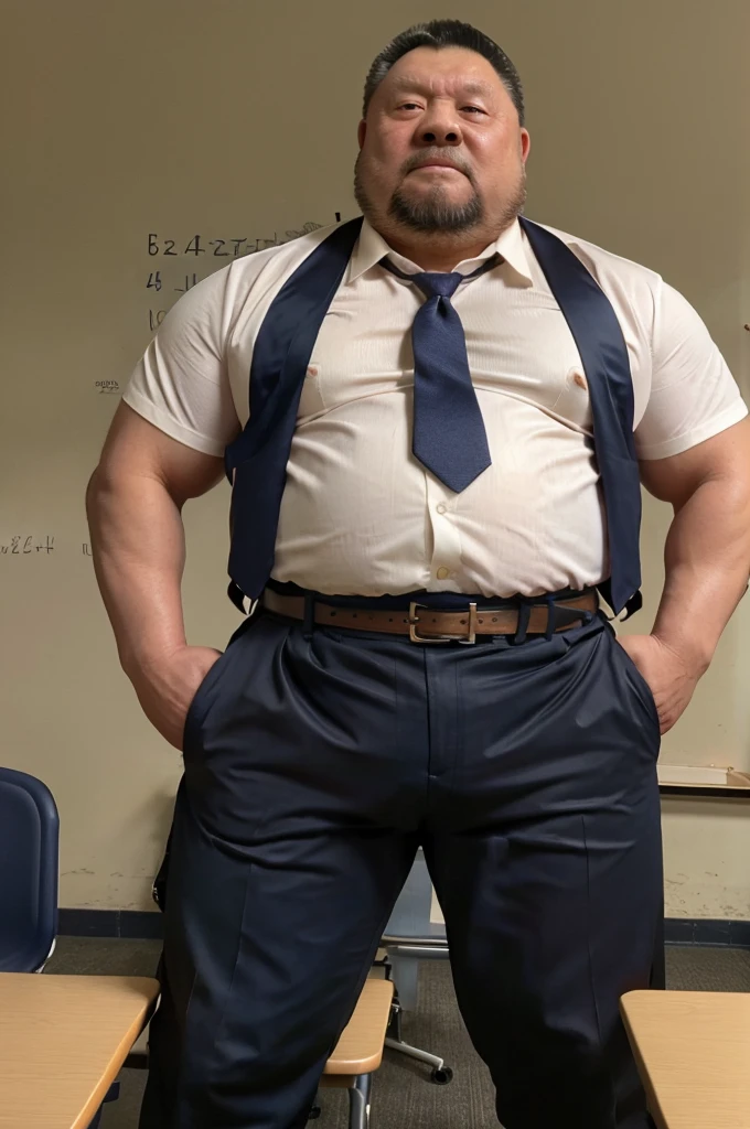 4k quality, old male, Chinese old man, China face, massive pec, strong muscles, big belly, black hair, math teacher, wearing white shirtshirt tucked into underwear, tie,belt, heat, sweat stains, sweat all over, shame, grey gloomtache, ((raising the crotch)), massive pec, blush, satisfied looking, standing, holding a conference, class roomwearing navy black nylon sexy socks,