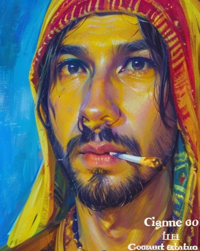 latin man, with beard, 32 years old, cigarette in mouth, headscarf, bonitas