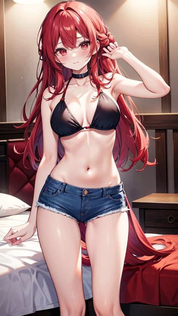 Red hair,Red Eyes,Long hair,Double tail,blush,Li Xiuning(destiny)Large Breasts,Red Sling Bikini,Bedroom background,Denim shorts,camel toe, naked women,