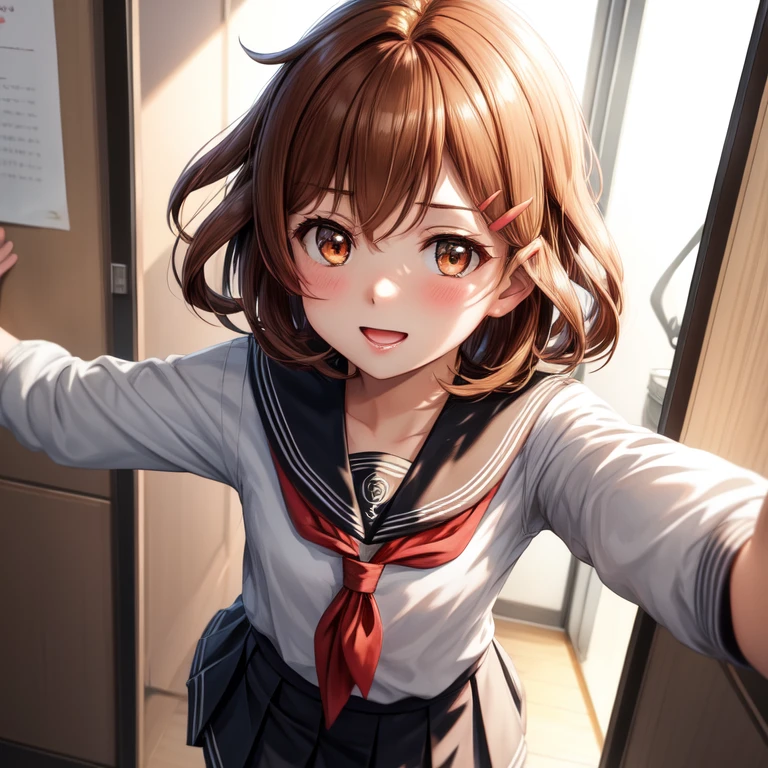 short_hair,lovelive!,(masterpiece, best quality:1.2),illustration,8k,hd,1girl,solo,upper body,(portrait:1.2),brown_hair,hairclip,hair_ornament,brown_eyes,serafuku,school_uniform,red_neckerchief,pleated_skirt,long_sleeves,black_pantyhose,