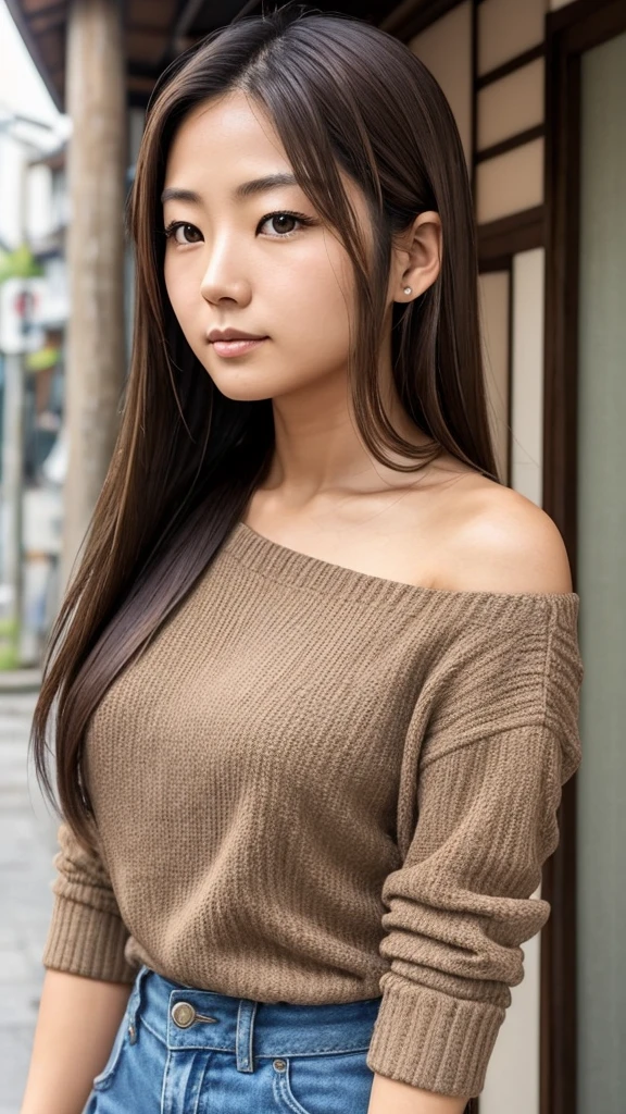 Female, Japanese, 50s, brown, shoulder-length hair, brown eyes, friendly impression, casual clothing, face with prominent lines, fine lines beginning to show, upper body in focus.